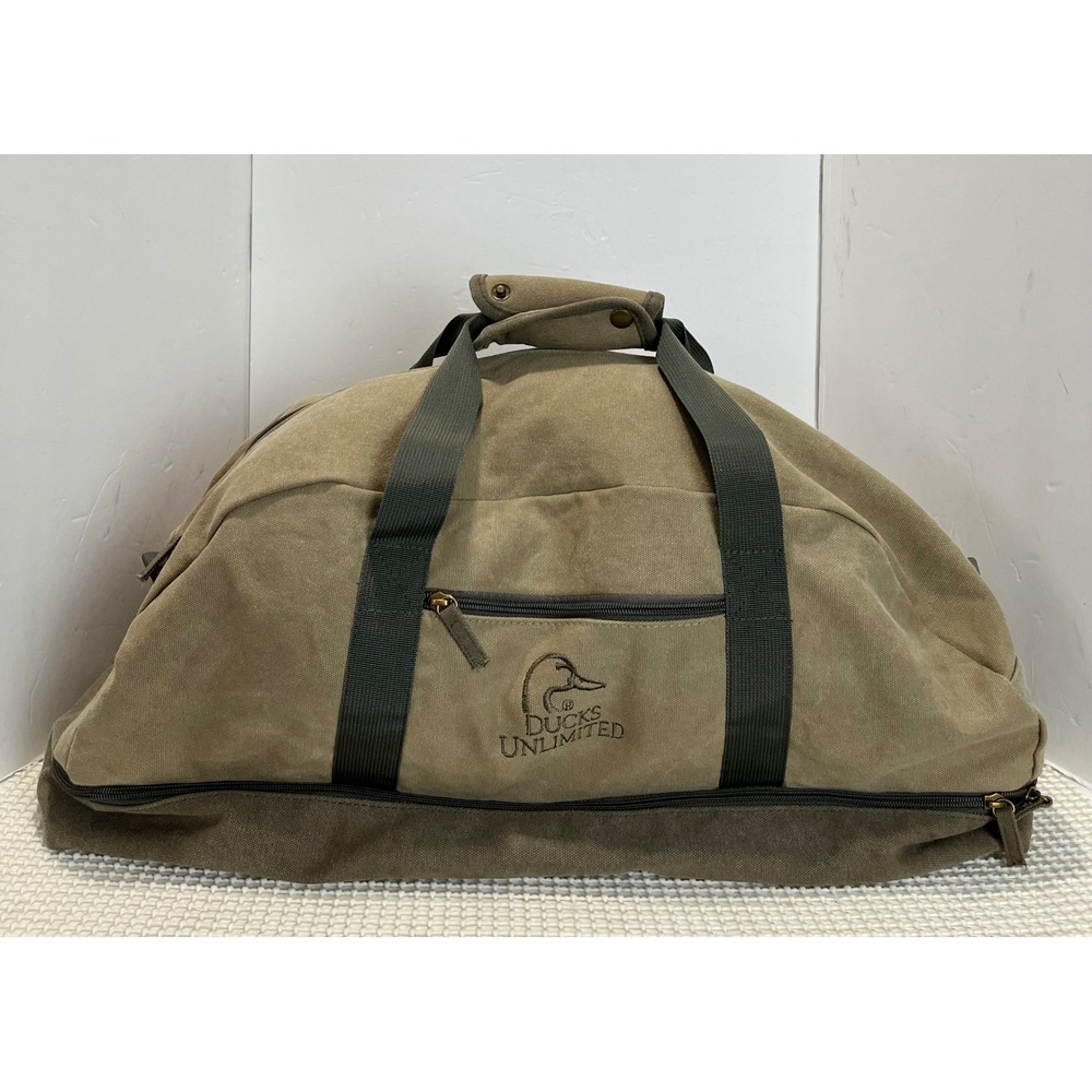 Ducks Unlimited Canvas Duffel Bag Two Tier Travel Weekender Olive Tan